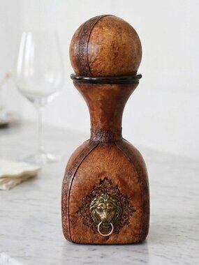 Vintage Italian Leather Decanter Brass Lion Head & Stopper Mid-Century Barware